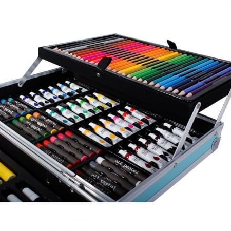 Set de pictura si desen pentru copii VarioShop®, 145 de piese, Cutie metalica, Albastru [9]