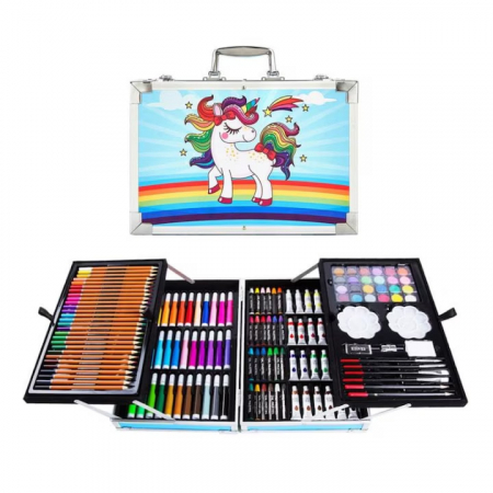 Set de pictura si desen pentru copii VarioShop®, 145 de piese, Cutie metalica, Albastru [2]