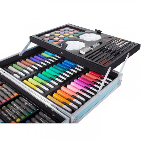 Set de pictura si desen pentru copii VarioShop®, 145 de piese, Cutie metalica, Albastru [12]