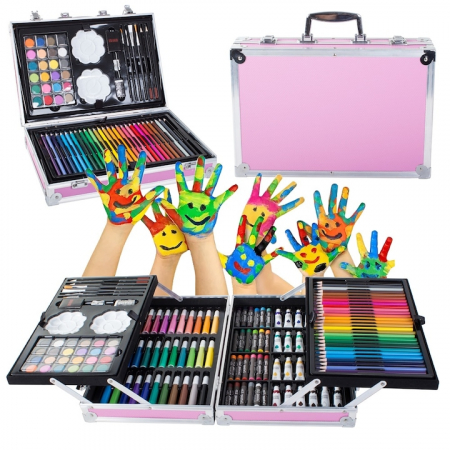 Copii - Set de pictura si desen pentru copii VarioShop®, 145 de piese, Cutie metalica, Roz