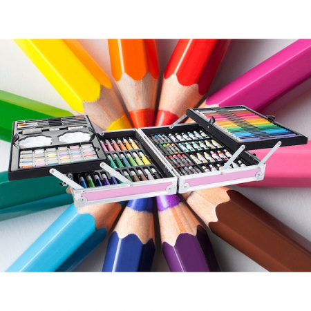 Set de pictura si desen pentru copii VarioShop®, 145 de piese, Cutie metalica, Roz [9]