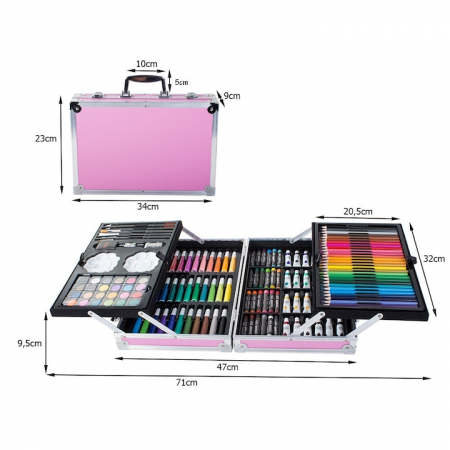 Set de pictura si desen pentru copii VarioShop®, 145 de piese, Cutie metalica, Roz [1]