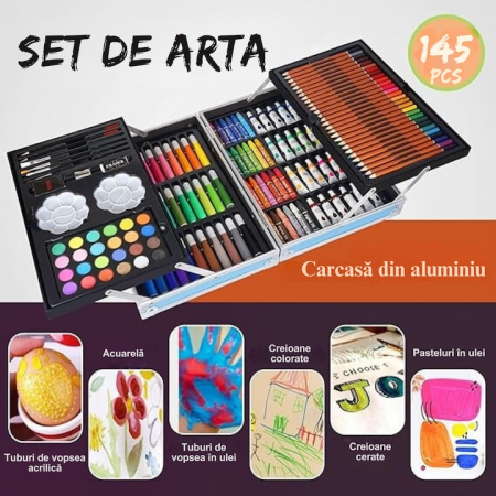 Set de pictura si desen pentru copii VarioShop®, 145 de piese, Cutie metalica, Roz [2]
