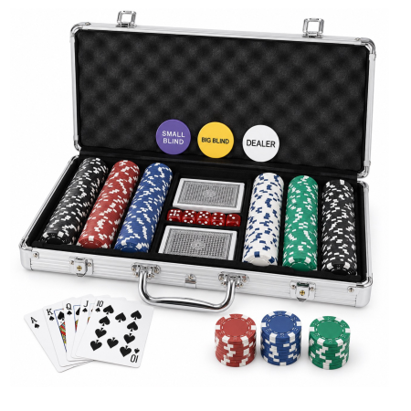 Entertainment - Set de poker VarioShop®, in valiza din aluminiu, 300 jetoane multicolore cu disc metalic, 2 pachete de carti, 5 zaruri, 39 x 27 x 7 cm