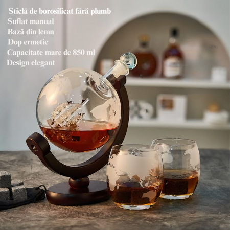 Set decantor VarioShop®️, Forma de Glob Pamantesc, 2 Pahare cu Imprimeu, 9 Cuburi din Roca pentru Whiskey, 2 Suporturi Din Pluta, Cleste, Palnie, 850ml [6]