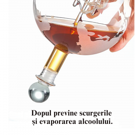 Set decantor VarioShop®️, Forma de Glob Pamantesc, 2 Pahare cu Imprimeu, 9 Cuburi din Roca pentru Whiskey, 2 Suporturi Din Pluta, Cleste, Palnie, 850ml [18]