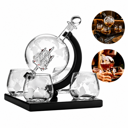 Cadou pentru EL - Set decantor VarioShop®, pentru whisky si bauturi, cu nava decorativa, potrivit pentru servire si cadou, 4 pahare, dop si suport, sticla, negru