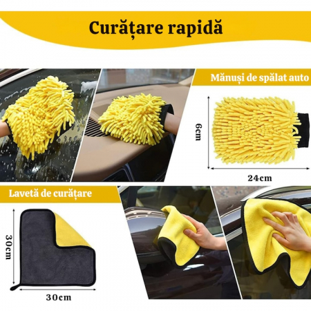 Set detailing auto 22 de piese VarioShop®, perii, bureti, racleta, prosop, manusa, interior/exterior, geanta transport si depozitare, versatil, curatare eficienta, Galben/Negru [7]