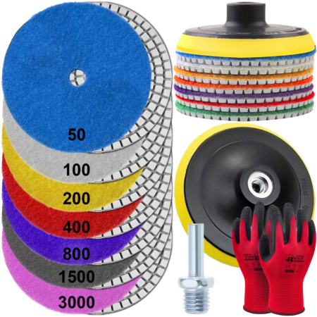 Accesorii echipamente pentru transport si ridicat - Set discuri diamantate de slefuit si lustruit VarioShop®, 9 piese, 100 mm, adaptor M12, pentru gresie, marmura, piatra, beton