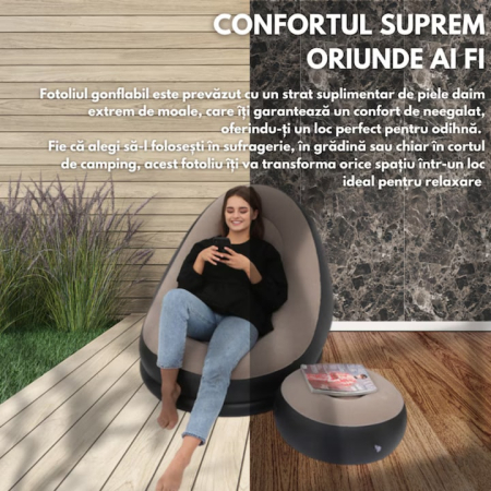 Set fotoliu gonflabil VarioShop® cu suport pentru picioare, exterior catifelat, PVC durabil, dimensiuni mari, rezistent la apa, ideal pentru relaxare acasa sau in aer liber, cu pompa inclusa, Crem/Neg [5]
