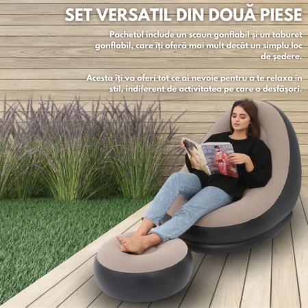 Set fotoliu gonflabil VarioShop® cu suport pentru picioare, exterior catifelat, PVC durabil, dimensiuni mari, rezistent la apa, ideal pentru relaxare acasa sau in aer liber, cu pompa inclusa, Crem/Neg [6]