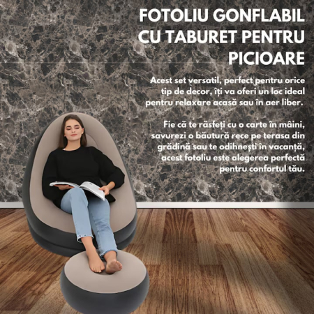 Set fotoliu gonflabil VarioShop® cu suport pentru picioare, exterior catifelat, PVC durabil, dimensiuni mari, rezistent la apa, ideal pentru relaxare acasa sau in aer liber, cu pompa inclusa, Crem/Neg [3]