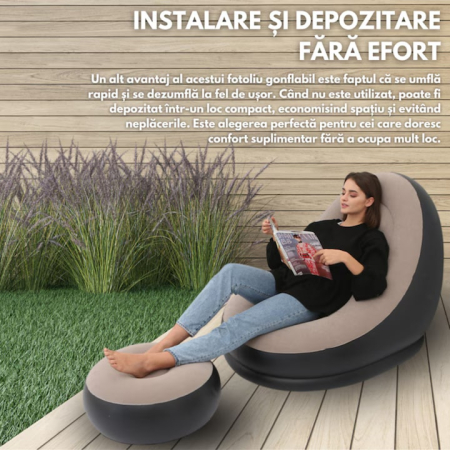 Set fotoliu gonflabil VarioShop® cu suport pentru picioare, exterior catifelat, PVC durabil, dimensiuni mari, rezistent la apa, ideal pentru relaxare acasa sau in aer liber, cu pompa inclusa, Crem/Neg [2]