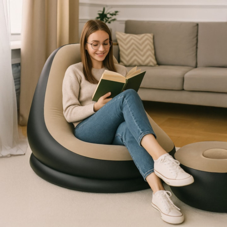 Set fotoliu gonflabil VarioShop® cu suport pentru picioare, exterior catifelat, PVC durabil, dimensiuni mari, rezistent la apa, ideal pentru relaxare acasa sau in aer liber, cu pompa inclusa, Crem/Neg [9]