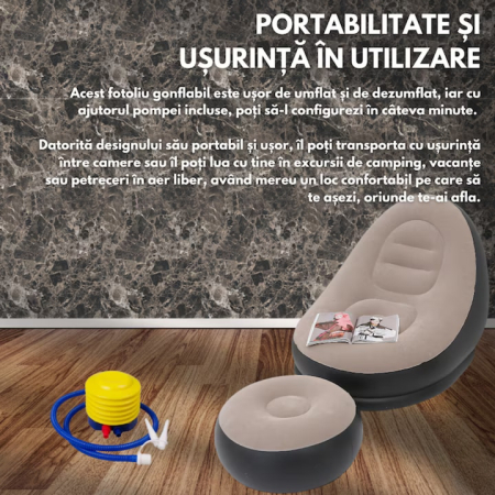Set fotoliu gonflabil VarioShop® cu suport pentru picioare, exterior catifelat, PVC durabil, dimensiuni mari, rezistent la apa, ideal pentru relaxare acasa sau in aer liber, cu pompa inclusa, Crem/Neg [4]