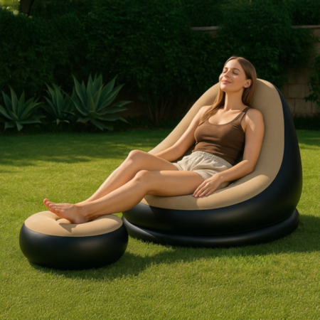 Balansoare si Hamace - Set fotoliu gonflabil VarioShop® cu suport pentru picioare, exterior catifelat, PVC durabil, dimensiuni mari, rezistent la apa, ideal pentru relaxare acasa sau in aer liber, cu pompa inclusa, Crem/Neg