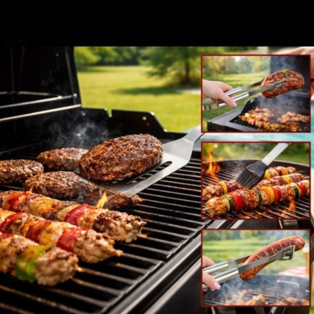 Set gratar 3 piese VarioShop®, din otel inoxidabil, cutie transport, cleste, spatula si perie, unelte complete pentru gratar, outdoor si picnic