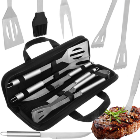 Set gratar 5 piese VarioShop®, din otel inoxidabil, cutie transport, cleste, spatula, furculita, perie si cutit, unelte complete pentru gratar, outdoor si picnic