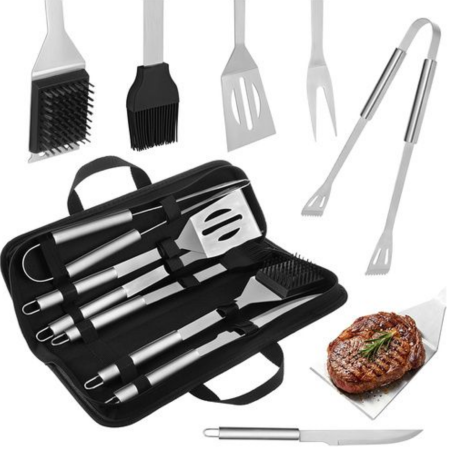 Set gratar 6 piese VarioShop®, din otel inoxidabil, cutie transport, cleste, spatula, furculita, perie, burete si cutit, unelte complete pentru gratar, outdoor si picnic