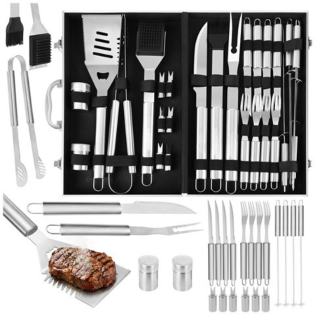 Gratare si accesorii - Set Gratar Profesional 26 Piese Inox Varioshop cu Valiza XXL – Accesorii BBQ Complete - Cleste, Spatula, Cutite, Furculite, Perie, Condimente
