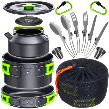 Vesela camping - Set mare de oale si vesela pentru camping VarioShop®, oala, tigaie, fierbator, tacamuri, cani si husa, strat antiaderent, usor si compact, ideal pentru 2-4 persoane, drumetii, pescuit, Negru