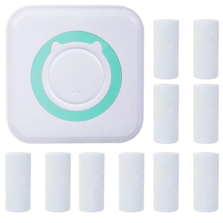 Aparate foto & mini imprimante copii - Set mini imprimanta termica portabila si 10 role VarioShop®, Bluetooth, fara cerneala, pentru fotografii, liste si notite, cu baterie reincarcabila, Alb