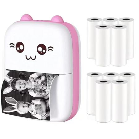 Aparate foto & mini imprimante copii - Set mini imprimanta termica si 10 role VarioShop®, Bluetooth, Compatibil iOS/Android, Imprimare APP, 1200 mAh, rola termica inclusa, model pisicuta cu urechiuse roze, 11 x 8 x 4 cm, Roz
