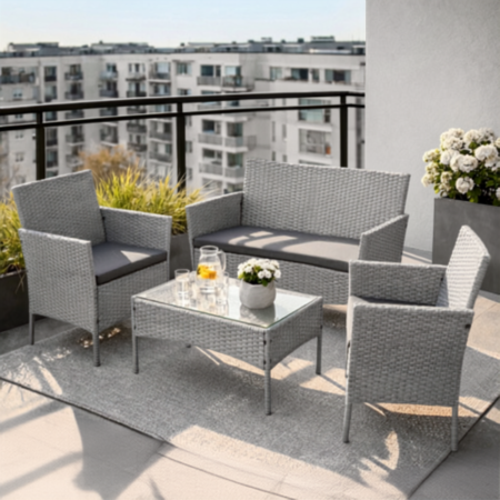 Set mobilier gradina - Set mobilier gradina ratan gri VarioShop®, canapea, 2 fotolii si masa, pentru terasa si exterior, design modern