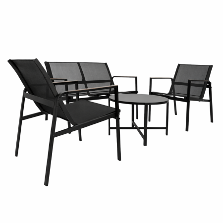 Set mobilier gradina Varioshop 4 piese negru, canapea, 2 fotolii si masa sticla securizata, rezistent exterior, ideal balcon si terasa