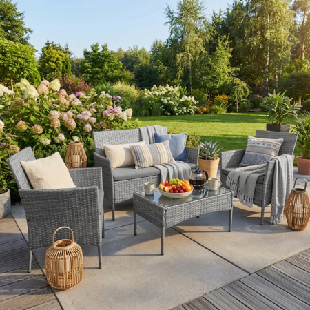 Balansoare si Hamace - Set mobilier gradina VarioShop din ratan gri inchis, canapea 2 locuri, 2 fotolii, masa sticla, perne incluse, mobilier exterior terasa balcon, rezistent la intemperii