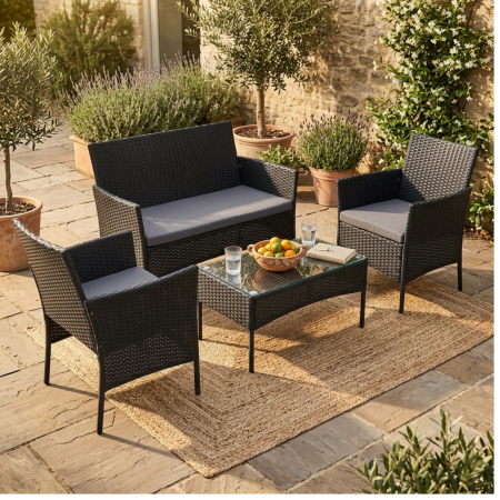 Balansoare si Hamace - Set mobilier gradina VarioShop din ratan negru – canapea 2 locuri, 2 fotolii, masa cu sticla si perne, mobilier exterior terasa balcon