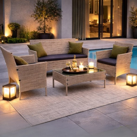 Umbrele si pavilioane gradina - Set mobilier gradina Varioshop din technoratan bej, canapea 2 locuri, 2 fotolii si masa cu blat din sticla, cu perne, pentru terasa balcon si exterior