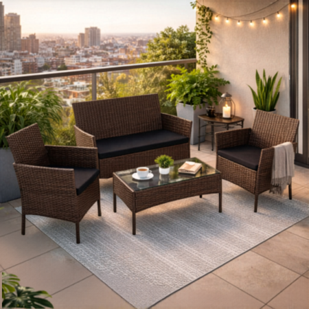 Balansoare si Hamace - Set mobilier gradina VarioShop®, technoratan maro, cu canapea 2 locuri, 2 fotolii si masa cu blat din sticla