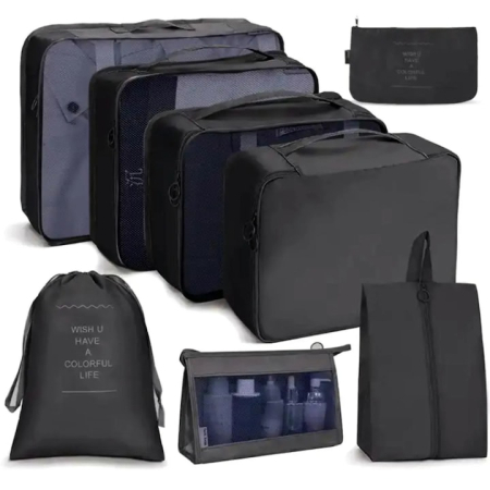 Set organizator de calatorie 8 in 1 VarioShop®, pungi, genti si trusa cosmetica, ideal pentru bagajul de mana, vacante, calatorii sau utilizare zilnica, Negru