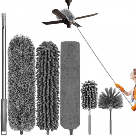 Set pamatuf 5 in 1 VarioShop®, Pentru Curatat Praful, Locuri greu Accesibile, Usor de Folosit/Curatat, Maner Aluminiu Extensibil Pana la 285 cm, Gri