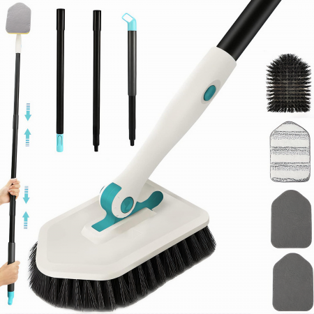 Accesorii maturi, mopuri si galeti - Set Perie Multifunctionala 3in1 VarioShop®, Multiple Utilizari, Maner Ergonomic, 2x Lavete Curatare, 1x Laveta Microfibra, 1x Perie Rigida, Rotire de 180°, Maner Lung Extensibil, 56cm-128cm, Alb
