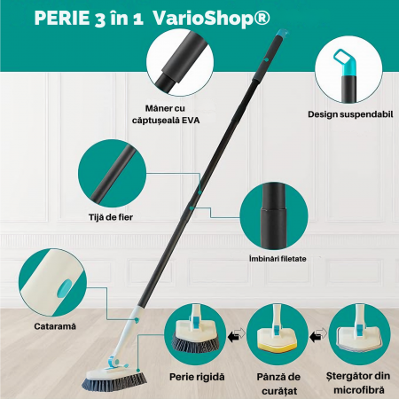 Set Perie Multifunctionala 3in1 VarioShop®, Multiple Utilizari, Maner Ergonomic, 2x Lavete Curatare, 1x Laveta Microfibra, 1x Perie Rigida, Rotire de 180°, Maner Lung Extensibil, 56cm-128cm, Alb [4]