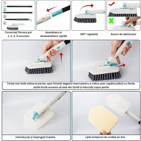 Set Perie Multifunctionala 3in1 VarioShop®, Multiple Utilizari, Maner Ergonomic, 2x Lavete Curatare, 1x Laveta Microfibra, 1x Perie Rigida, Rotire de 180°, Maner Lung Extensibil, 56cm-128cm, Alb [3]