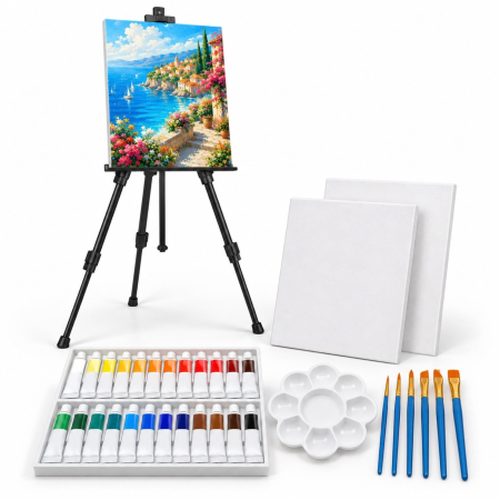 Seturi pictura si desen - Set pictura 35 piese VarioShop®, cu sevalet reglabil, vopsele acrilice, 3 panze 24 x 30 cm, 6 pensule, multicolor