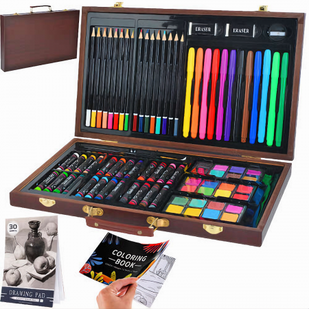 Copii - Set Pictura si Desen VarioShop®, contine 81 de piese si o trusa organizare din lemn, potrivit pentru incepatori dar si artisti avansati, dimensiuni 37 x 22, 8 x 4, 5 cm, Multicolor