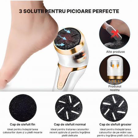Set Pila electrica pentru talpi si calcaie, VarioShop®, display digital, acumulator 1200 mAh, 2 viteze, 2400 rot/min, 3 capete incluse, lanterna LED, incarcare USB, indepartare piele moarta, indeparta [28]