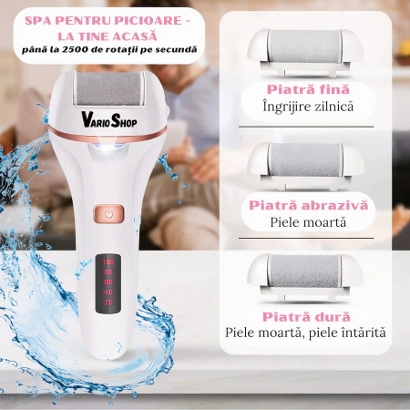 Set Pila electrica pentru talpi si calcaie VarioShop®, indepartare piele moarta, indepartare calus, 3 capete incluse, LED lanterna, 2 viteze, impermeabil, display digital, acumulator 1200 mAh, incarca [10]