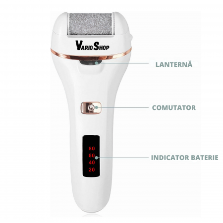 Set Pila electrica pentru talpi si calcaie VarioShop®, indepartare piele moarta, indepartare calus, 3 capete incluse, LED lanterna, 2 viteze, impermeabil, display digital, acumulator 1200 mAh, incarca [9]