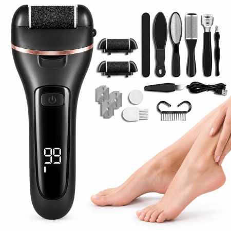 Set pila electrica VarioShop® pentru calcaie si talpi, cu accesorii pentru pedichiura, 3 capete abrazive, 2 viteze, incarcare USB, 16 x 6 cm, negru