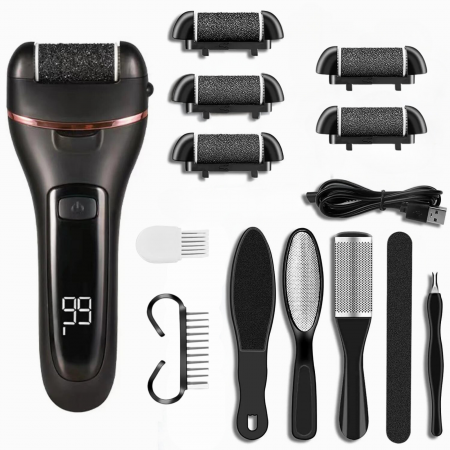 Set Pila Electrica VarioShop® Pentru Calcaie si Talpi, Include 6 Capete Detasabile si 7 Accesorii, Display Digital, Afisaj LED, Baterie pana la 3 ore, 2 Viteze, 2000 Rotatii/min, Incarcare USB, Negru [17]
