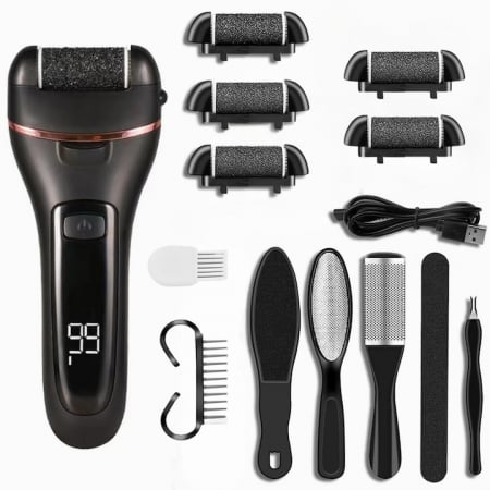 Aparate pentru manichiura-pedichiura - Set Pila Electrica VarioShop®, Pentru Calcaie si Talpi, Include 6 Capete Detasabile si 7 Accesorii, Display Digital, Afisaj LED, Portabila, Baterie pana la 3 ore, 2 Viteze, 2000 Rotatii/min, Incarcare