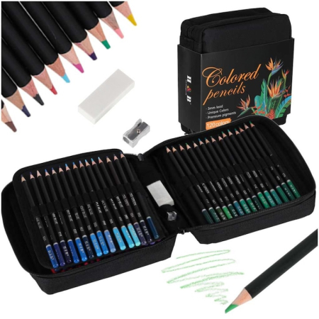Jucarii, Copii & Bebe - Set profesional de 120 creioane colorate VarioShop®, husa si accesorii, pentru desen, schite si ilustratii detaliate, lemn de inalta calitate, transport usor