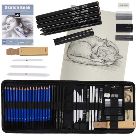 Jucarii, Copii & Bebe - Set Profesional pentru Desen si Schitare VarioShop®, 54 de Articole cu Creioane Grafit si Carbune, Caiet de Schite A5, Husa Organizatoare