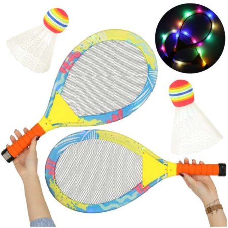 Set rachete badminton LED VarioShop®, 2 rachete luminoase cu fluturași, joc sportiv pentru copii, baterii incluse, 55 cm
