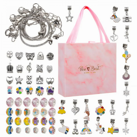 Seturi de artizanat - Set realizare bratari pentru copii VarioShop®, contine diverse bijuterii, pandantive si margele, 4 bratari, 70 piese, cutie depozitare inclusa, portabil, dezvolta abilitatile manuale, + 3 ani, multico